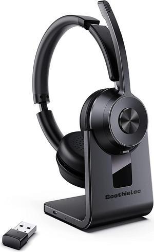 Bluetooth Headset V5.1, Wireless Headset with Noise Canceling Microphone, 40 Hrs Work Time Office Headset with Bluetooth Dongle & Charging Base, AptX HD On-Ear Headphones with Mute Button (Black)
