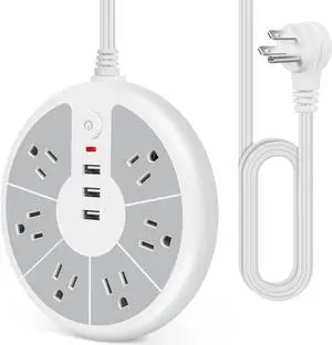 Flat Plug Power Strip with Surge Protection - 6 Outlets Flat Extension Cord Surge Protector with 3 USB Ports - Compact Charging Station Multi Plug Outlet Extender for Electronic Deivces, Home, Office
