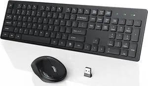 Wireless Keyboard and Mouse, WisFox USB Computer Keyboard with Silent Keys, Long Battery Life, 2.4GHz Full-Size Lag-Free Cordless Combo for PC Laptops Windows Mac Chrome OS (Black)