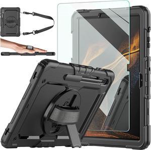 Case for Samsung Galaxy Tab S8 plus 2022/S7 FE/S7 Plus 12.4 inch, with 9H Tempered Glass Screen Protector [Upgraded Military Grade]Heavy Duty Shockproof Cover with S-Pen Holder & Strap (Black)