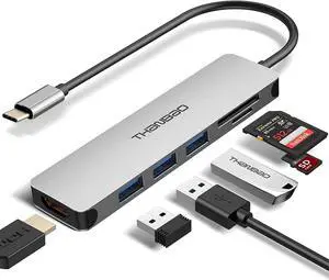 USB C Hub Multiport Adapter - 7 in 1 Portable Space Aluminum Dongle with 4K HDMI Output, 3 USB 3.0 Ports, SD/TF Card Reader Compatible for MacBook Pro, XPS More Type C Devices