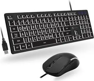 X9 Performance Large Print Keyboard and Mouse Combo - Easy to See Lighted Big Print Letters - USB Wired Backlit Keyboard and Mouse - Light Up Key Keyboard for Elderly, Low Vision, Visually Impaired