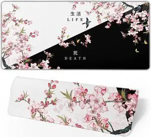 Black and White Cherry Blossom Gaming Mouse Pad XLExtended Large Mouse Mat Desk Pad Japanese Pink Sakura Death Life Long Non Slip Rubber Base Mice Pad 31.5 X 11.8 Inch