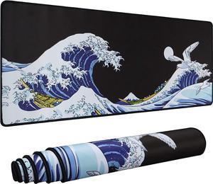 Large Gaming Mouse Pad Sea Wave Full Desk Japanese Mousepad Extended Non-Slip Water-Resistant Rubber Base Big Keyboard Mat 31.5x11.8 Inch 3mm Thick XL XXL Rubber Table Mat for Gaming and Office