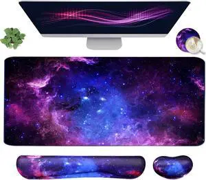 Large Mouse Pad and Keyboard Wrist Rest Desk Pad for Keyboard and Mouse 4-in-1 Large Gaming Mouse Pad with Wrist Support Desk Mat for Home Office Study Game-Galaxy Fluid