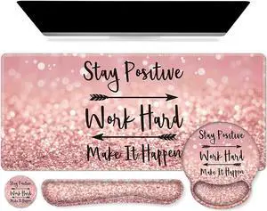 Mouse Pad Large Pink Desk Mat 4in1 XXL Mousepad + Keyboard Wrist Rest+Mouse Wrist Rest+Coaster Set with Ergonomic Desk Pad for Home Office Table Computer-Pink Stay Positive