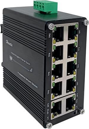 Hardened Industrial Gigabit Compact Ethernet Switch 10-Port 10/100/1000BASE-T RJ45 with auto-MDI/MDI-X Function 10/100Mbps Half/Full Duplex and 1000Mbps Full Duplex 12~48VDC Wide Range Power Input