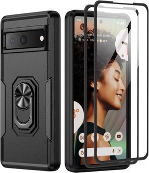 for Google Pixel 6A 5G Case with Screen Protector, Military Grade Dual Layer Heavy Duty Shockproof Full Body Protective Phone Cover, Built in Rotatable Magnetic Ring Holder for 6A (Black)