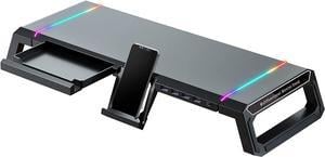 KYOLLY RGB Gaming Computer Monitor Stand Riser - 4 USB 3.0 Hub, 3 Length Adjustable Computer Monitor Stand with Drawer,Storage and Phone Holder Black