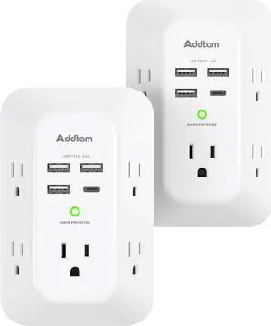 2 Pack Addtam USB Wall Charger Surge Protector, 5 Outlet Extender with 4 USB Charging Ports (1 USB C Outlet) 3 Sided 1800J Power Strip Multi Plug Outlets, Wall Adapter Spaced for Home Office