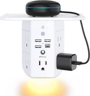 Wall Outlet Extender with Shelf and Night Light,Surge Protector,USB Wall Charger with 5 AC Outlets and 3 USB Ports 1 USB C Outlet Wide Space 3-Sided Power Strip Multi Plug Outlets