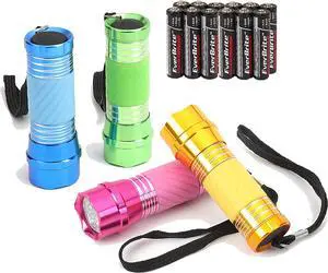 EverBrite 4-Pack Mini LED Aluminum Flashlight Party Favors Colors Assorted for Hurricane Supplies with Handle Glow in Dark