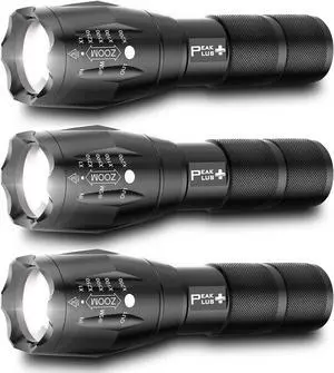 PeakPlus LED Tactical Flashlights High Lumens, Zoomable, 5 Modes Bright LED Flashlights for Emergencies, Camping, Outdoor LED Flash Lights Battery Powered, Handheld Flashlights (3 Pack) LFX1050