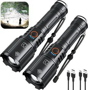 Rechargeable Flashlights High Lumen 2 Pack, 180000 Lumens Super Bright 5000mAh High Capacity LED Flashlight with 5 Modes, Powerful Handheld Flash Light for Camping Emergencies,Waterproof,Zoomable