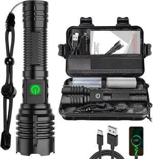 Flashlights High Lumens Rechargeable (Battery Included), 100000 Lumens XHP70.2 Super Bright LED Flashlight with Holster, Type-C, 5 Modes, Zoomable, IPX6 Waterproof Flashlights for Emergency Camping