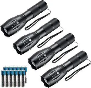 LED Flashlights 4pack Tactical Flashlight High Lumens Lights with 12Pack AAA Batteries Portable Waterproof Zoomable Flashlight with 5 Mode for Camping/Outdoor/Emergency(Black-4pack)