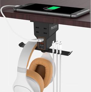 Headphones Stand Headset Hanger with 3USB Charger 1 Type C + 2 USB A Charging Port 2 2-Prong AC Outlets Power Headphone Holder Hook Charging Station Under Desk for Gamer Gift Desk Gaming Accessories