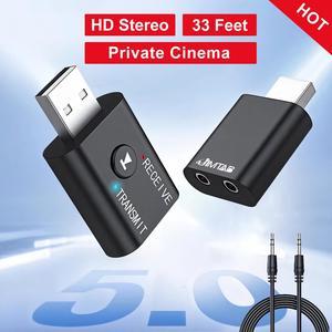 USB Bluetooth Audio Adapter, JIMTAB Bluetooth 5.0 Transmitter Receiver 2 in 1 Wireless Bluetooth Converter Built-in 2 3.5mm Audio Bluetooth for TV, Home Stereo, Car Stereo, Headphones, Speakers, PC