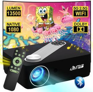 JIMTAB 2025 5G WiFi Native 1080P Projector, Best Screen Mirror 4K Support 13500 Lux Movie Player 2.4G 5G Wifi Projector Support AV, USB, HDMI, TF Compatible with PS, Xbox, Laptop, iPhone and Android