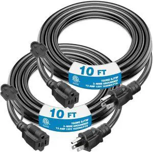 Kasonic 10 Feet Outdoor Extension Cords, ETL Listed, SJTW 16AWG/13A 3 Prong Extension Cable, NEMA 5-15P to NEMA 5-15R, Black, 2 Pack