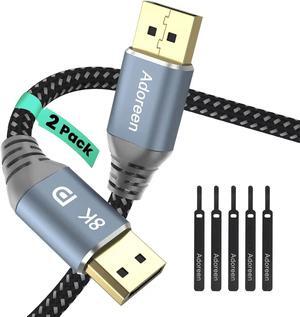 8K DisplayPort 1.4 Cable 8 Feet/2 Pack DP Cord(From 1.5-30FT)8K@60Hz 4K@144Hz 2K 1080P@240Hz 32.4Gbps HBR3 HDCP HDR FreeSync G-Sync Braided Display Port for Monitor Graphics+ 5 Ties-NOT HDMI