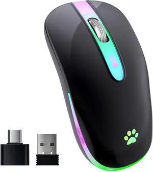 Wireless Mouse Rechargeable LED Wireless Bluetooth Mouse Portable USB Optical 2.4G Wireless Bluetooth Two Mode Computer Mice with USB & Type-c Receiver(Black)