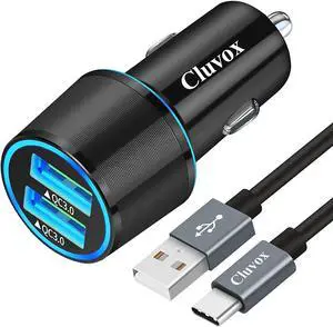 Fast USB Car Charger for  Galaxy A55/A54/A53/A50/A15/A14/S25/S24/S23/S22/S21 Plus/Ultra/S10/S9/S8/Note 20/A10S/A21/A31/A51 Quick Charge 3.0 Dual USB Rapid Car Charger with Type C Cable 3.3ft