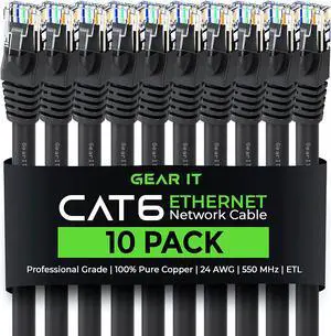 GearIT Cat 6 Ethernet Cable 25 ft (10-Pack) - Cat6 Patch Cable, Cat 6 Patch Cable, Cat6 Cable, Cat 6 Cable, Cat6 Ethernet Cable, Network Cable, Internet Cable - Black 25 Feet
