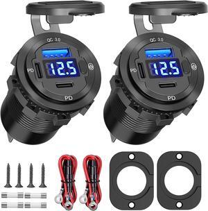 USB C Car Charger Socket 12V USB Outlet 2 Pack: Aluminum Metal 78W Dual USB-C PD 30W and 18W QC3.0 Port Multi USB Charger Outlet with LED Voltmeter Power Switch for RV Motorcycle Boat Marine