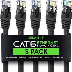 GearIT Cat 6 Ethernet Cable 100 ft (5-Pack) - Cat6 Patch Cable, Cat 6 Patch Cable, Cat6 Cable, Cat 6 Cable, Cat6 Ethernet Cable, Network Cable, Internet Cable - Black 100 Feet