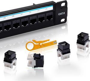 Cat6 Patch Panel 24 Port with Keystone, RJ45 Network Panel 19 Inch, Punch Down Keystone Ethernet Patch Panel with Back Bar