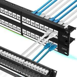 Patch Panel 48 Port Cat6 with White Inline Keystone 10G Support, Pass-Thru Coupler Patch Panel UTP 19-Inch with Removable Back Bar, 1U Network Patch Panel for Cat6, Cat5e, Cat5 Cabling