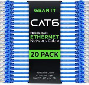GearIT 20-Pack Cat6 Patch Cable 10 Feet Cat 6 Ethernet Cable Snagless Flexible Soft Tab - Preimum Series - Blue