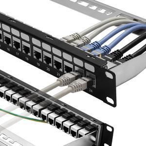 Patch Panel 24 Port Cat6A with Inline Keystone 10G Support, Coupler Patch Panel STP Shielded 19-Inch with Removable Back Bar, 1U Network Patch Panel for Cat7, Cat6, Cat6A, Cat5e