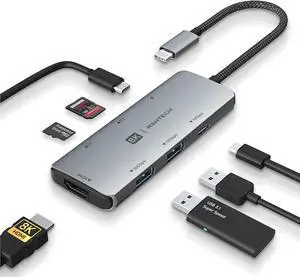 USB C Hub, RSHTECH USB C Dongle Adapter with 8K HDMI, 10Gbps USB C and 2 USB A Data Ports, 100W Power Delivery, SD/TF Card Reader, Aluminum USB 3.1/3.2 Gen 2 Hub for PC and Laptop, RSH-T02