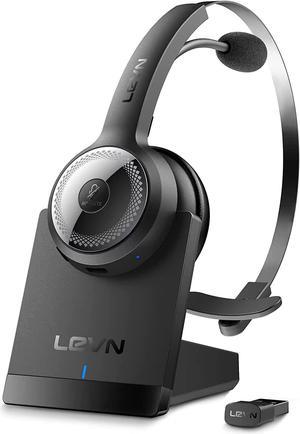 LEVN Bluetooth 5.0 Headset, Wireless Headset with Microphone (AI Noise Cancelling), 35Hrs Wireless Headset for Work with USB Dongle & Charging Base, Ideal for Working from Home/Open Office/Teams/Zoom