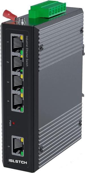 5 PoE Port Gigabit Industrial Ethernet Network Switch,with 4 PoE+ Gigabit Ethernet Ports ,12 Gbps Switching Capacity,DIN-Rail,IP40 Rated (Fanless,-40 to 185°F), Included Power Supply