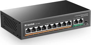 MokerLink 11 Port PoE Switch with 9 Port PoE+, 2 Fast Ethernet UpLink, 100Mbps, 120W 802.3af/at PoE, Fanless Plug & Play Network Switch