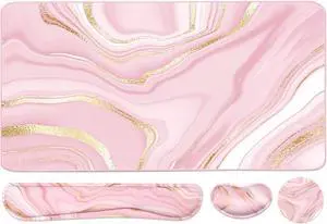 Keyboard Mouse Pad Set Extended Mouse Pad+Keyboard Wrist Rest Support Memory Foam Ergonomic Easy Typing 3Pcs (35.4×15.7 in) Desk Pad Set for Home Office Study Game- Pink Gold