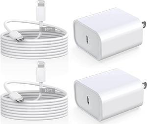10FT iPhone Fast Charger, [MFi Certified] 2 Pack PD 20W USB C Wall Charger Block with 10FT Extra Long Type C to Lightning Fast Charging Data Sync Cord for iPhone 14 13 12 11 Pro Max XS XR X iPad