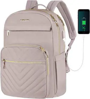 15.6 Inch Laptop Backpack for Women Work Bag Fashion with USB Port Waterproof Stylish Travel Bags Casual Daypacks for College Business Light Dusty Pink