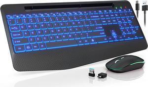 Wireless Keyboard and Mouse with 7 Colored Backlits, Wrist Rest, Phone Holder - Rechargeable Ergonomic Silent Light Up Combo for Computer, Mac, PC, Laptop, Chromebook - by SABLUTE