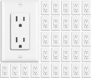 BESTTEN 30 Pack 15 Amp Decorator Receptacle Outlet, Decor Standard Electrical Wall Outlet, Residential and Commercial Use, Non-Tamper-Resistant,15A/125V/1875W, Wallplate Included, UL Listed, White