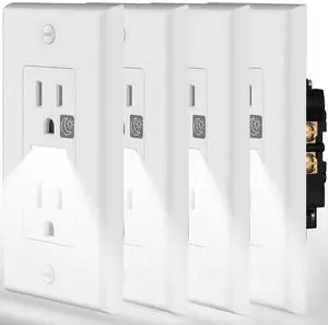 SOZULAMP Night Light Wall Outlet-Easy to Install,Standard Electrical Outlets with Nightlight,White,2 Pole 3 Wire,Non-Tamper Resistant,Wall Plate Included(4Pack,Daylight White LED)