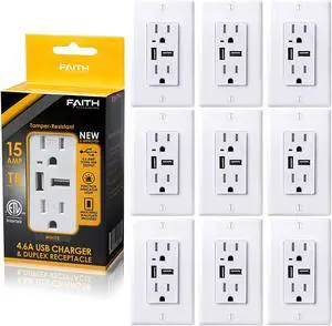Faith [10-Pack] 4.6A USB Outlet High Speed Charger, 15A Tamper-Resistant Receptacle with Wall Plate, 2 Outlets & 2 USB Ports, Compatible w/iPhone, iPad, Android, Samsung Devices & More, 10-Pack, White
