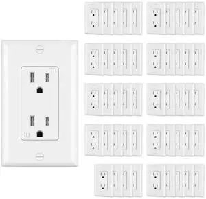 CML Decorator Wall Recetpacle Outlet, 50 Pack Tamper Resistant 15 Amp Standard Electrical Outlets, 15A/125V, 2 Pole 3 Wire, Wallplate Included, UL Listed, White