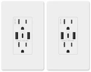 GaN 30W 6Amp 3-Port USB Wall Outlet, 15 Amp Tamper-Resistant Receptacle with 2 USB Type A & 1 Type C Port, USB Charger for iPhone/iPad/Samsung/LG/HTC, UL Listed - 2 Pack