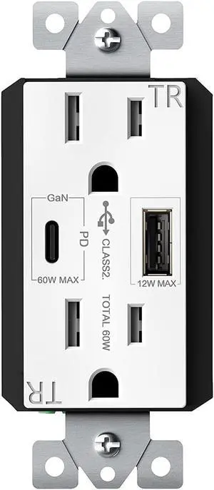 TOPGREENER GaN PD USB Outlet, Type C Wall Outlet Up to 65W Power Delivery, 15Amp Ultra-Speed USB C Outlet, Tamper-Resistant Receptacles for Laptops, Tablets, Smartphones, TU215PD60AC-W, White