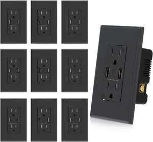 ELEGRP USB Wall Outlet Receptacle with Dual 4.0 A USB Ports, 15 Amp Duplex Tamper Resistant Receptacle, Charging Power Outlet with USB Ports, Wall Plate Included, UL Listed (10 Pack, Glossy Black)