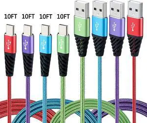 Type C Charger Cable 10FT 4-Pack Fast Charging Cord Cell Phone Charger Nylon Braided Compatible with Samsung Galaxy S10 S9 S8 Note 10 9 Pixel LG V30